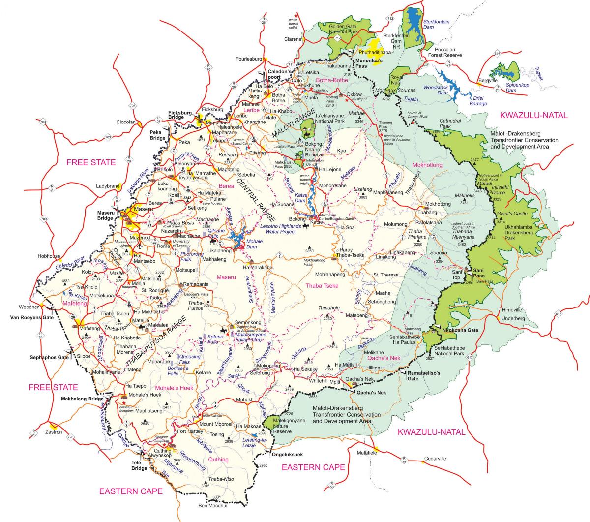mapa detaljne mapu Lesotom